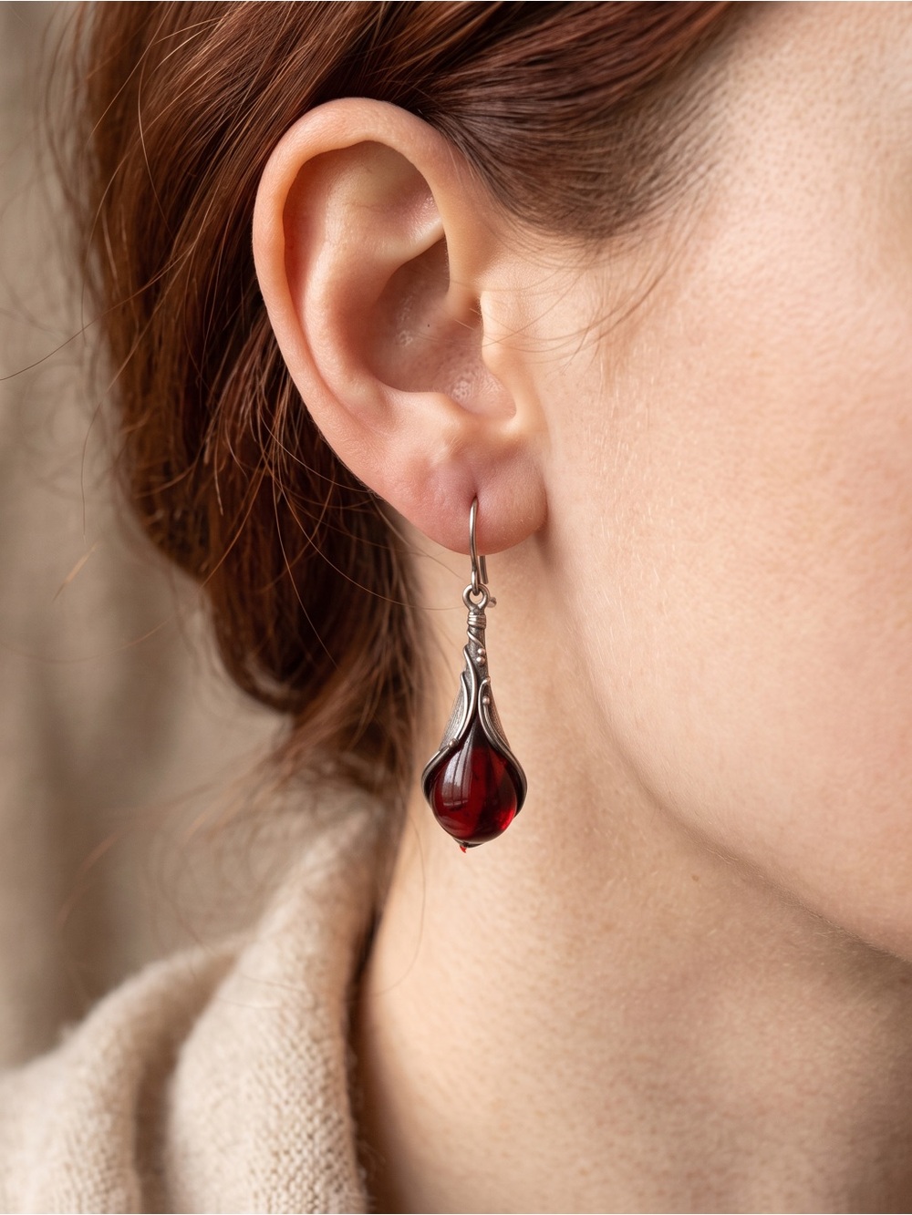 Sterling Silver Red Teardrop AmberDangle Earrings